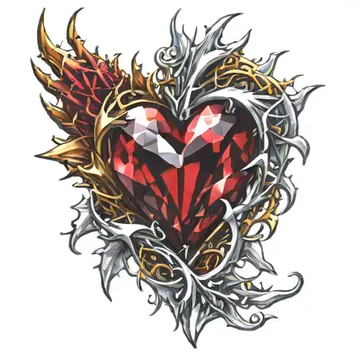 Crystal Deep Red Heart, The word "RUBY" in gold underneath, intricate silver thorns twisting around tattoo design idea