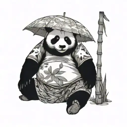 Create a panda bear, with a Hawaiian shirt, it doesn't fit because he's obese, with one hand he eats bamboo and in the other an umbrella tattoo design idea