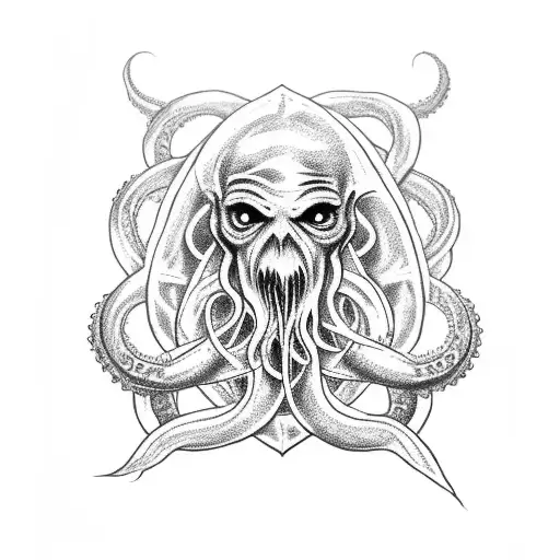 tattoo of a scary Cthulhu sleeve with long tentacles that wrap around the Pentagram Ftagn tattoo design idea