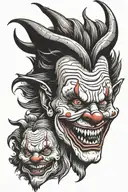 Clown face morphing devil face tattoo design idea