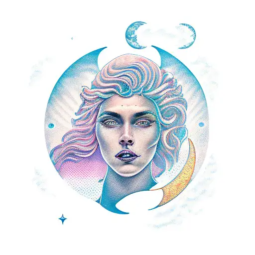 aquarius with moon, mixed with sun and waves tattoo design idea