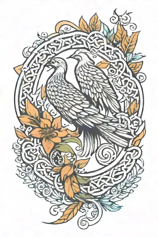 small phoenix, arrow, flower lili, circle, olive branch, Celtic knot, feather, anchor. tattoo design idea