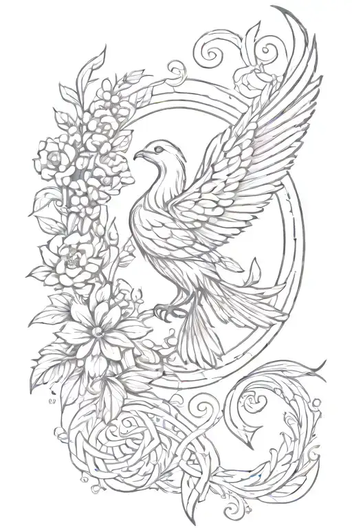 small phoenix, arrow, flower lili, circle, olive branch, Celtic knot, feather, anchor. tattoo design idea