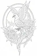 phoenix, arrow, lili flower dominant, circle, olive branch, Celtic knot, feather, anchor, small dove. for shoulder tattoo design idea