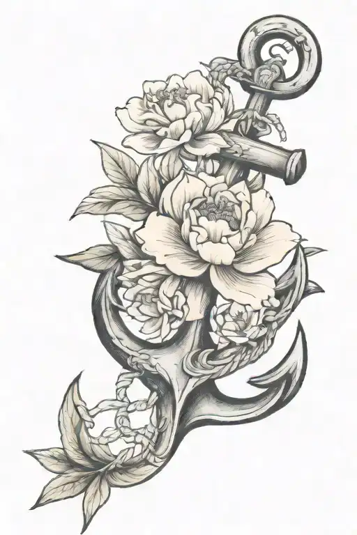 anchor with peony, magnolia, and Pacific rhododendron. tattoo design idea