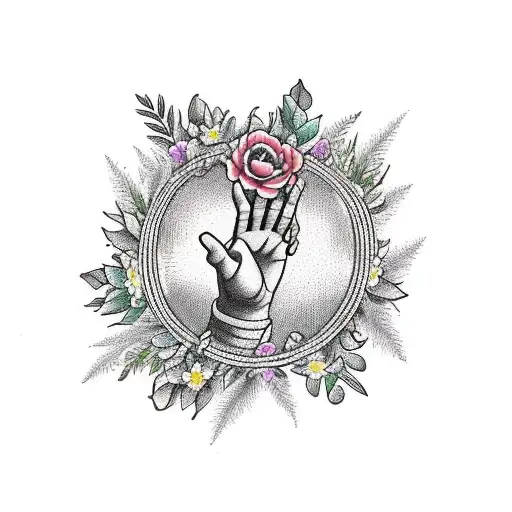 A hand giving the middle finger surrounded by a wreath of plants and flowers tattoo design idea