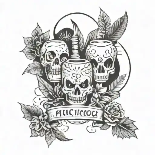 black and white tattoo in minimalist style on the theme of an alcohol party of three friends tattoo design idea