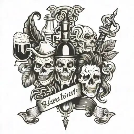black and white tattoo in old school style on the theme of those friends' alcoholic party tattoo design idea