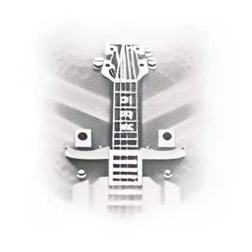 A guitar with a cassette tape wrapped around it, representing the love for 70s, 80s, and 90s rock music tattoo design idea