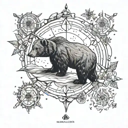 Wind rose and march number, snowflakes falling from the sky, the Big Bear is still sleeping tattoo design idea