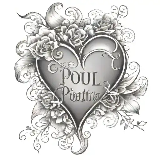 two names inside a heart. the names are: Christina + Poul.  tattoo design idea