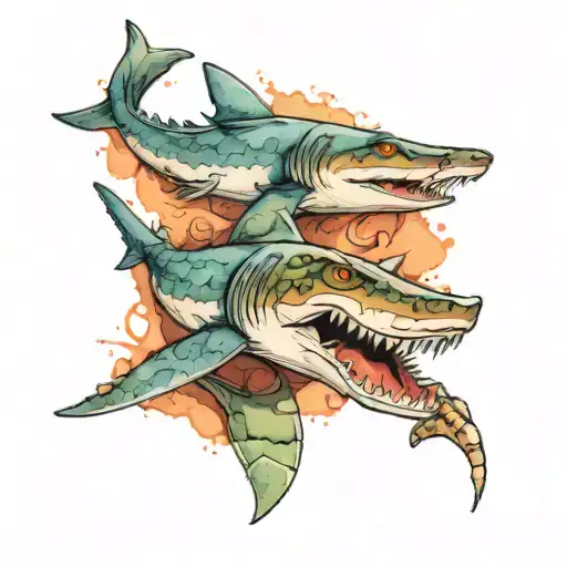 overhead view of shark and crocodile swimming with shadow in watercolor tattoo design idea