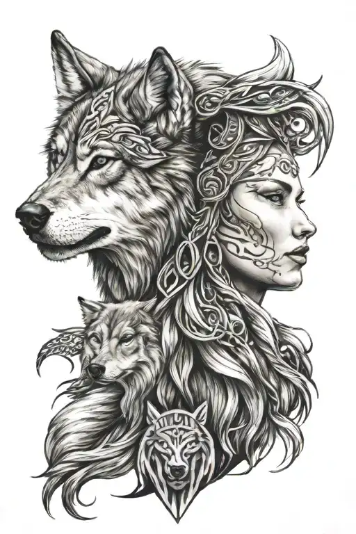 wolf with Viking women face tattoo design idea