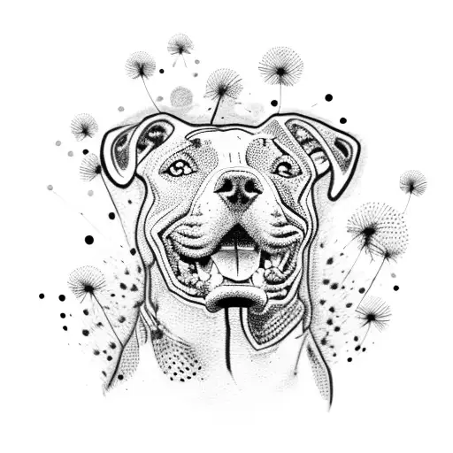 A dotwork tattoo of a pitbull sitting in front of a canvas, with dandelion petals swirling around it like paint splatters tattoo design idea