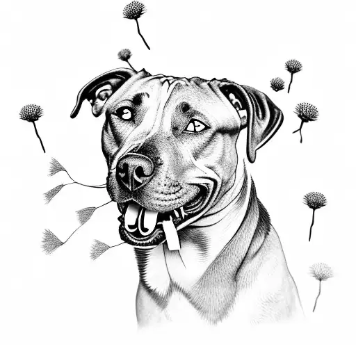 A surreal scene of a pitbull holding a paintbrush in its mouth, with dandelions floating in the background tattoo design idea