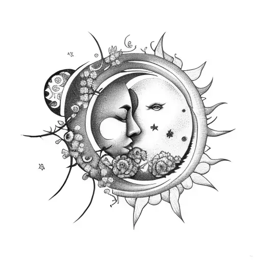 Heart-shaped moon and sun intertwined with vines and flowers tattoo design idea