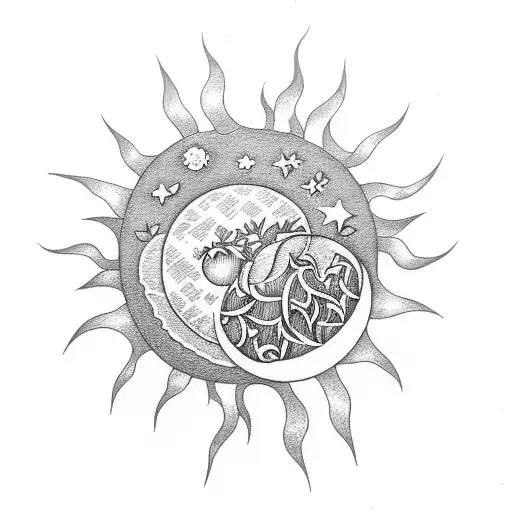Heart-shaped moon and sun intertwined with vines and flowers tattoo design idea