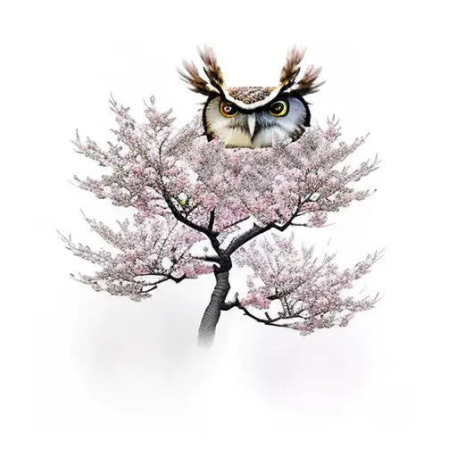 cherry blossom tree with owls tattoo design idea