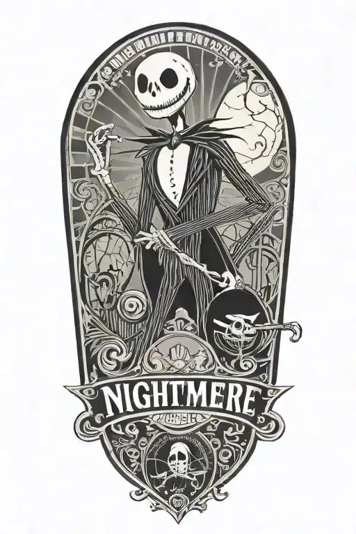 A black-grey tattoo of Jack Skellington in a vintage movie poster style, with the text 'Nightmare Before Christmas: The Movie' in a classic font tattoo design idea