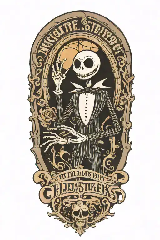 A black-grey tattoo of Jack Skellington in a vintage movie poster style, with the text 'Nightmare Before Christmas: The Movie' in a classic font tattoo design idea