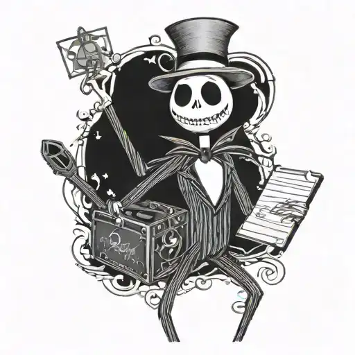 A whimsical blackwork tattoo of Jack Skellington as a Disney Cast Member, holding a clapperboard and directing a spooky movie scene tattoo design idea