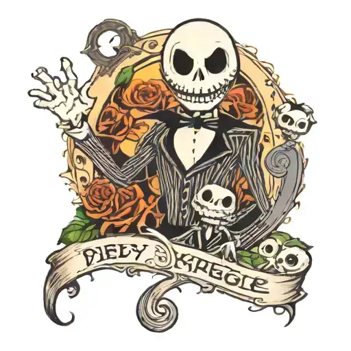 A color tattoo of Jack Skellington  as the main person with Oogie Boogie, sally, zero and the children all in the back tattoo design idea