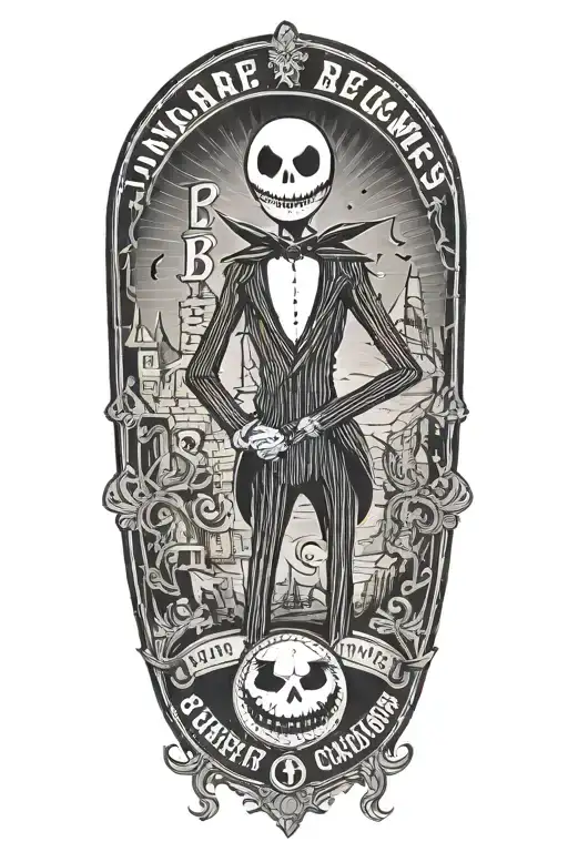 A black-grey tattoo of Jack Skellington in a vintage movie poster style, with the text 'Nightmare Before Christmas: The Movie' in a classic font tattoo design idea