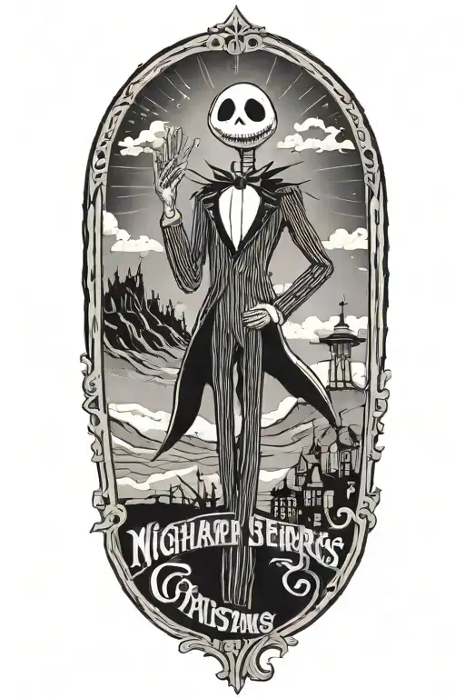 A black-grey tattoo of Jack Skellington in a vintage movie poster style, with the text 'Nightmare Before Christmas: The Movie' in a classic font tattoo design idea