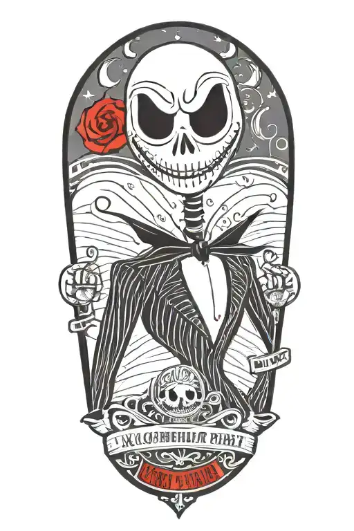 A black-grey tattoo of Jack Skellington in a vintage movie poster style, with the text 'Nightmare Before Christmas: The Movie' in a classic font tattoo design idea