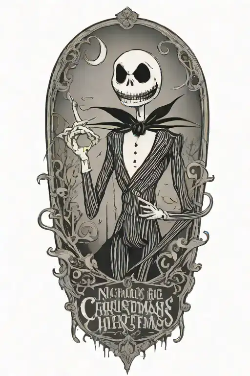 A black-grey tattoo of Jack Skellington in a vintage movie poster style, with the text 'Nightmare Before Christmas: The Movie' in a classic font tattoo design idea