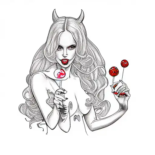 a devilish woman holding a lollipop tattoo design idea