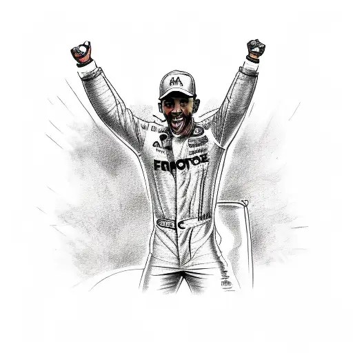 A sketch-style tattoo of Lewis Hamilton celebrating a victory on the podium tattoo design idea