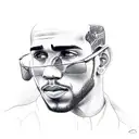 A dynamic portrait of Lewis Hamilton driving a Mercedes car tattoo design idea