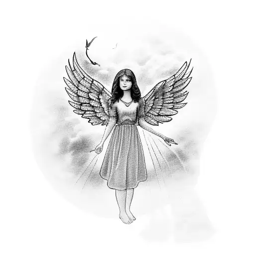 an angel with her hands out holding a heart the words "adina 05/13/16" with clouds behind her and doves flying around he tattoo design idea