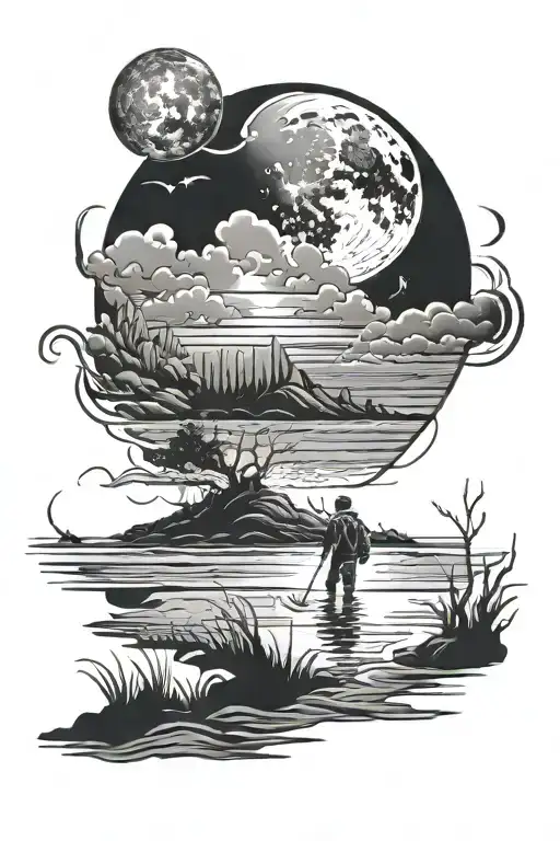 Night Seascape with a full moon, a man walking in waist deep water away from the shore and coyotes on the sh tattoo design idea