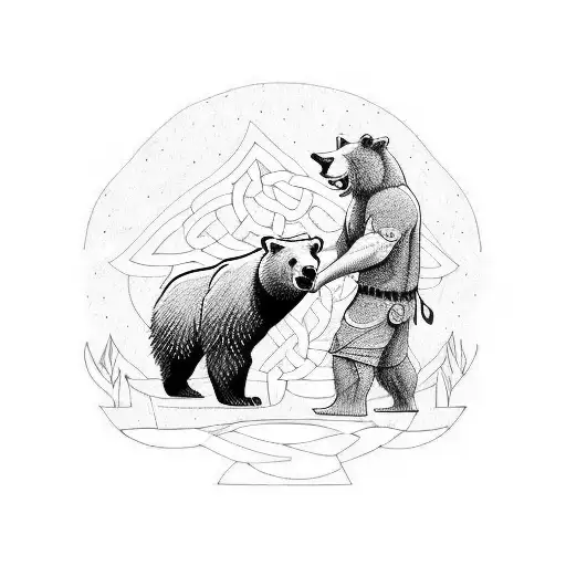 Man fighting a bear, strugling, celtic, black and white tattoo design idea
