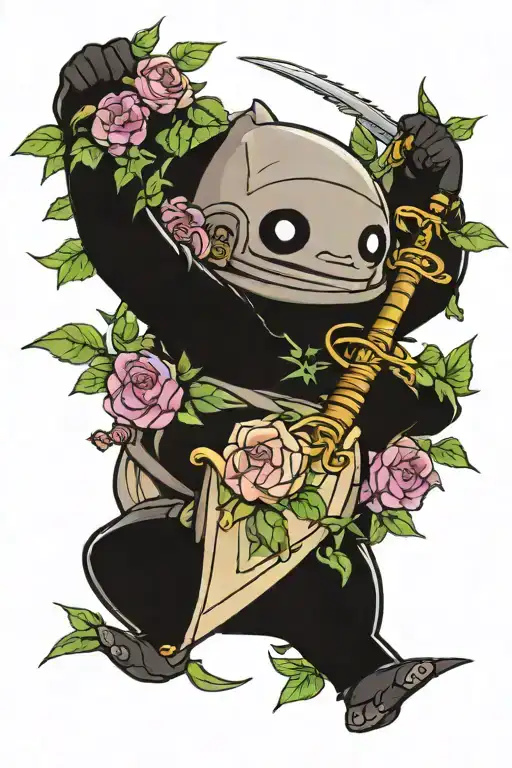give me a tattoo of finn from adventure times demon sword with sweet pea flowers and morning glories wrapping around it  tattoo design idea