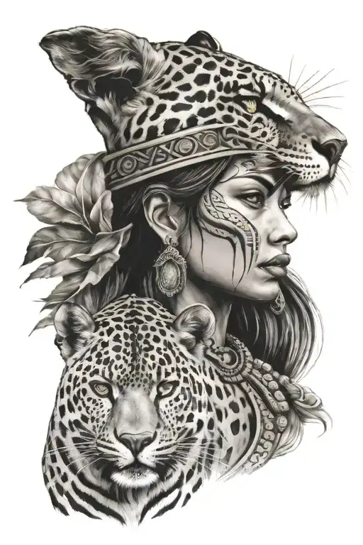 jaguar and Indian woman face tattoo design idea