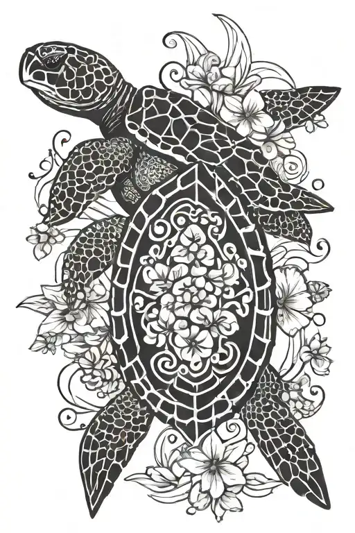 turtle, flowers, ocean scene tattoo design idea