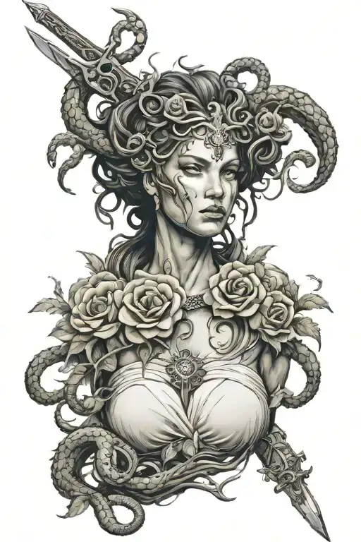 Medusa with Hecate snakes flowers sword surrounded tattoo design idea