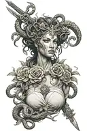 Medusa with Hecate snakes flowers sword surrounded tattoo design idea