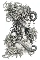 Medusa with Hecate snakes flowers sword surrounded tattoo design idea