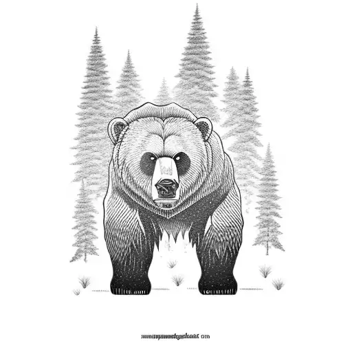 kodiak bear infront of a pine forest, tall trees, strong, nature tattoo design idea