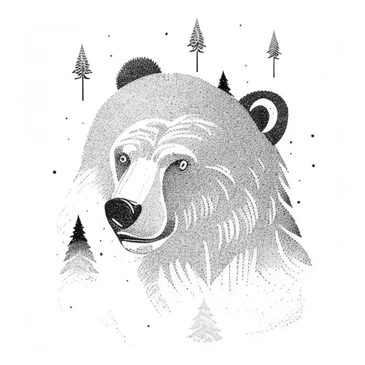 kodiak bear infront of a pine forest, tall trees, strong, nature tattoo design idea