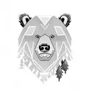 kodiak bear infront of a pine forest, tall trees, strong, nature tattoo design idea