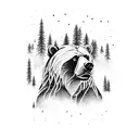 kodiak bear infront of a pine forest, tall trees, strong, nature tattoo design idea