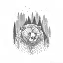 kodiak bear infront of a pine forest, tall trees, strong, nature tattoo design idea
