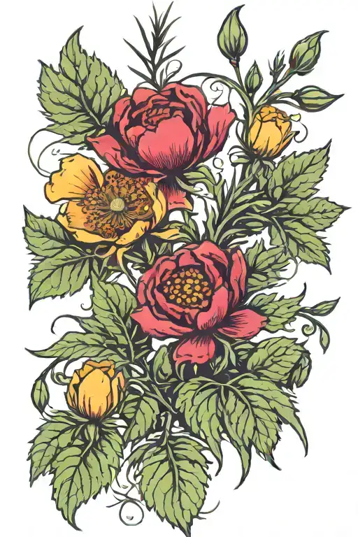 rasberries on the vine with rosemary branch and a california poppy tattoo design idea