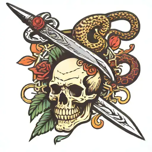 skull dagger and a snake tattoo design idea