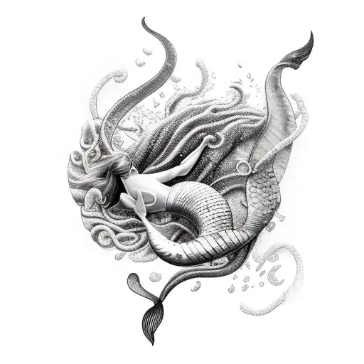 A realistic mermaid diving into a deep sea tattoo design idea